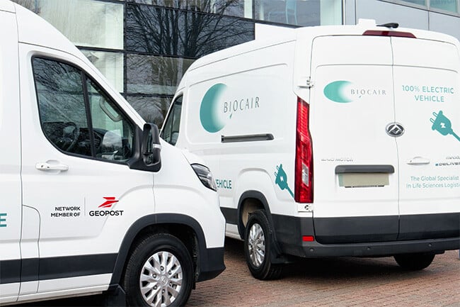 Biocair electric vans with Geopost network member logo